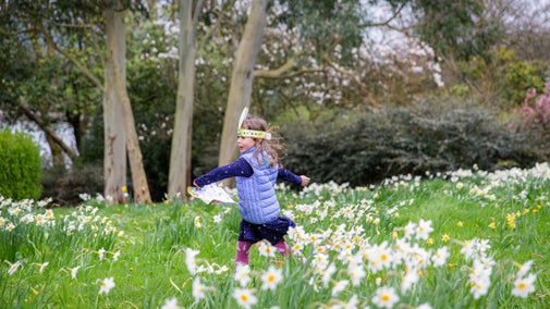 Girl running through a field of daffodils